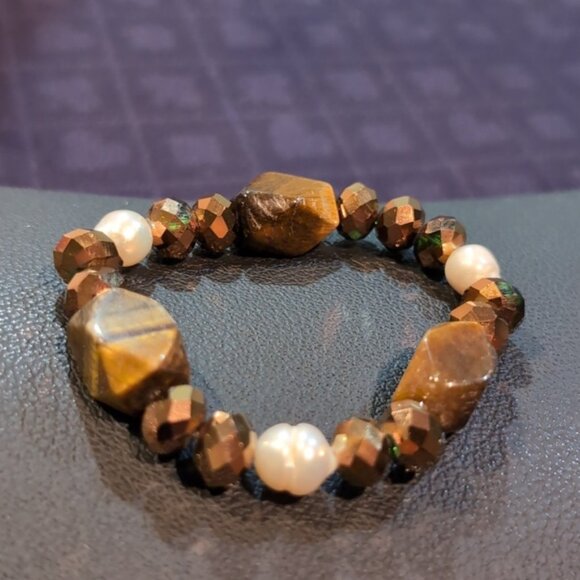 3/$20 Beaded Stretch Bracelet Faux Tigers Eye Pearl Bronze Natural Boho - Picture 1 of 8